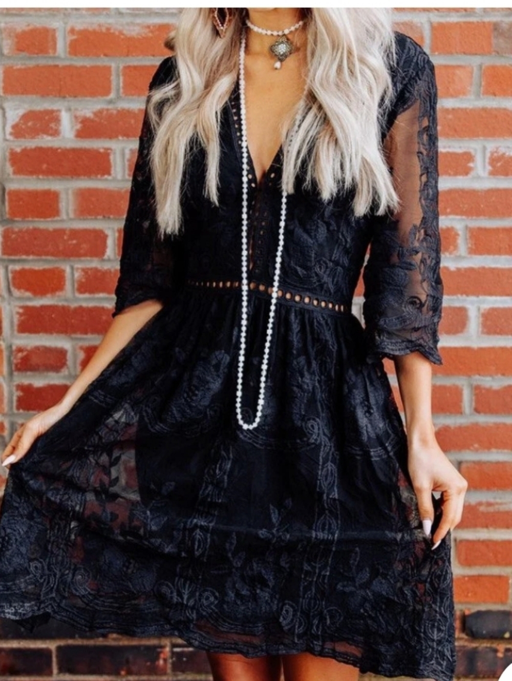 Sheer Black Lace Mini Dress with V-Neck
